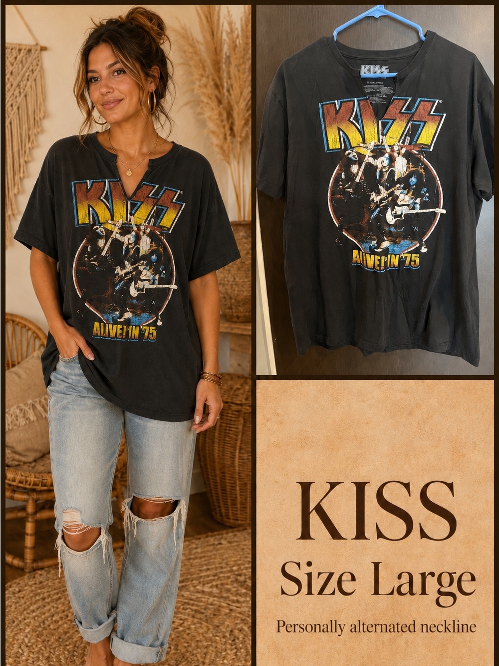 Kiss Black Graphic 'Alive in '75' Short Sleeve Tee